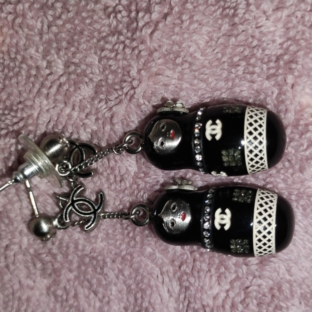ChanelSilver Metal, Black Resin, Strass Matryoshka Russian Doll CC Earrings,09